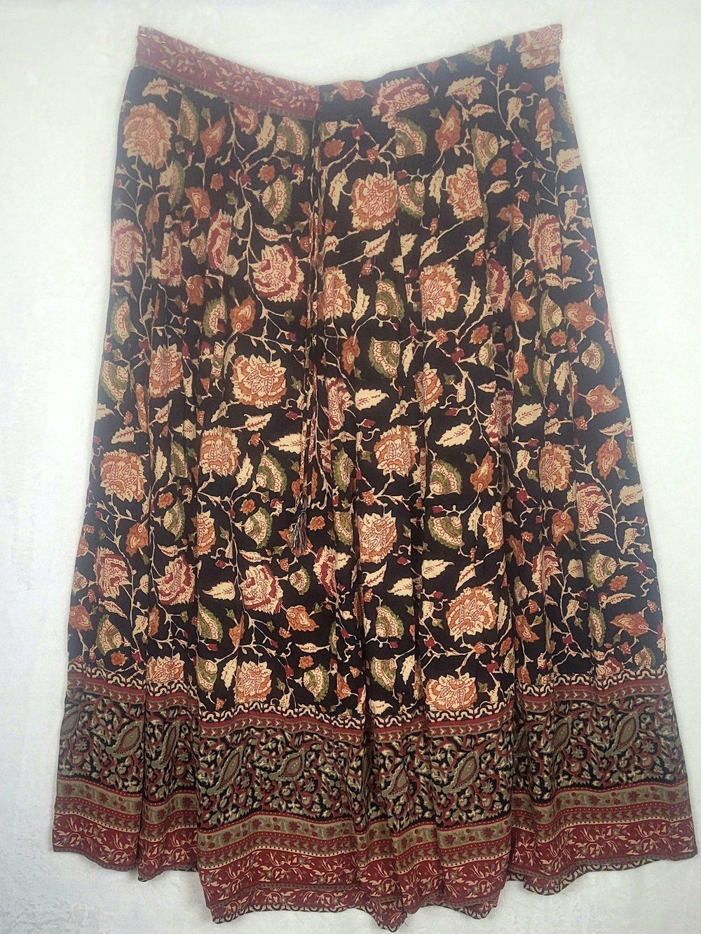 Black Floral Boho Maxi Skirt with Rust Accents